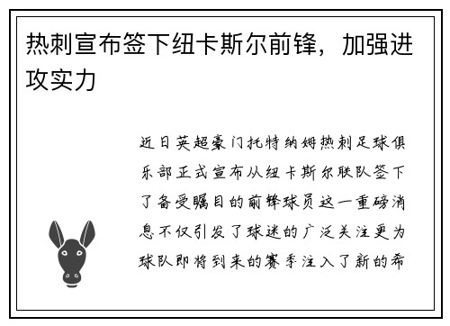 热刺宣布签下纽卡斯尔前锋，加强进攻实力