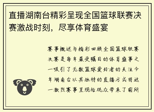 直播湖南台精彩呈现全国篮球联赛决赛激战时刻，尽享体育盛宴